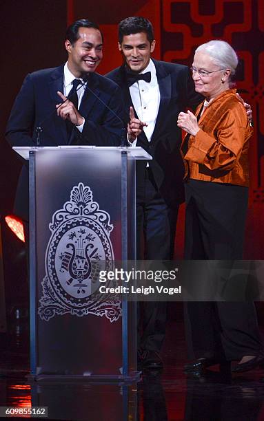 Secretary Julian Castro presents Dr. Diana Natalicio with a STEM Award during the 29th Hispanic Heritage Awards at Warner Theatre on September 22,...