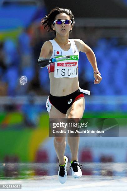 Sae Tsuji of Japan competes in the Women's 400m - T47 heat on day 6 of the 2016 Rio Paralympic Games at the Olympic Stadium on September 13, 2016 in...
