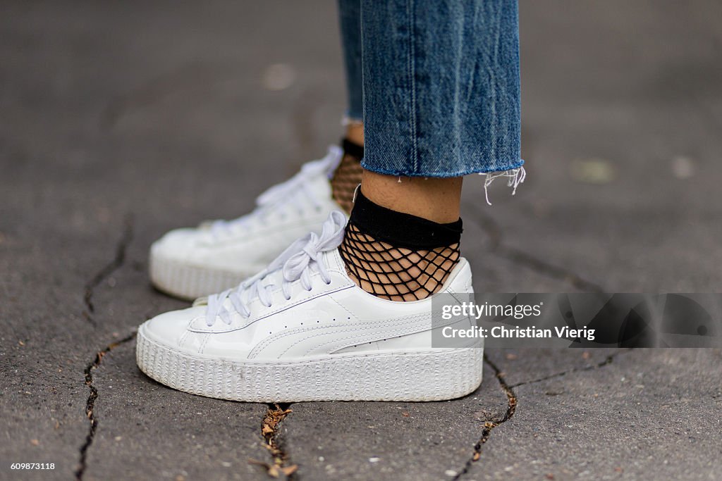 Lisa Hahnbeuck wearing Puma Fenty Creeper Sneaker, Fishnet Socks