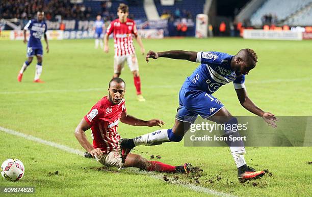 Lenny Nangis of Bastia and Tobias Nabila of Nancy during the Ligue 1 match between Sc Bastia and As Nancy Lorraine at Armand Cesari on September 21,...