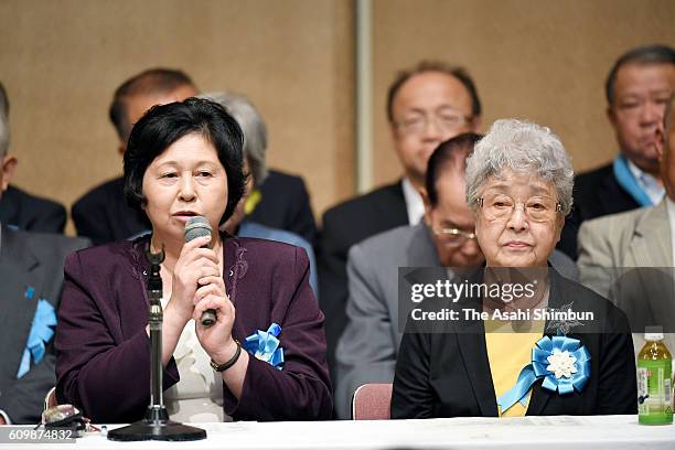 Former abductee Hitomi Soga speaks during a national meeting demanding return of all the abductees on September 17, 2016 in Tokyo, Japan.