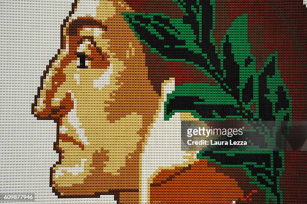 Detail of Dante on an installation by the Chinese artist Ai Weiwei concerning portraits of dissidents made by Lego is displayed in Palazzo Strozzi on...