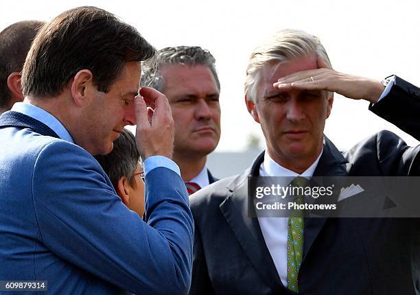 King Philippe attends the exercise Purple Starling at the airport of Deurne. Bart De Wever, mayor of Antwerp - Gouverneur Cathy Berx - Provincie...