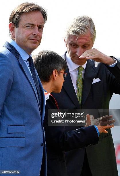King Philippe attends the exercise Purple Starling at the airport of Deurne. Bart De Wever, mayor of Antwerp - Gouverneur Cathy Berx - Provincie...