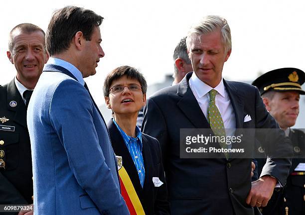 King Philippe attends the exercise Purple Starling at the airport of Deurne. Bart De Wever, mayor of Antwerp - Gouverneur Cathy Berx - Provincie...