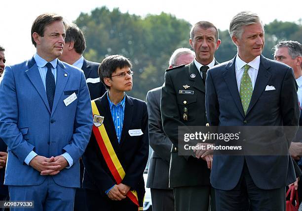 King Philippe attends the exercise Purple Starling at the airport of Deurne. Bart De Wever, mayor of Antwerp - Gouverneur Cathy Berx - Provincie...