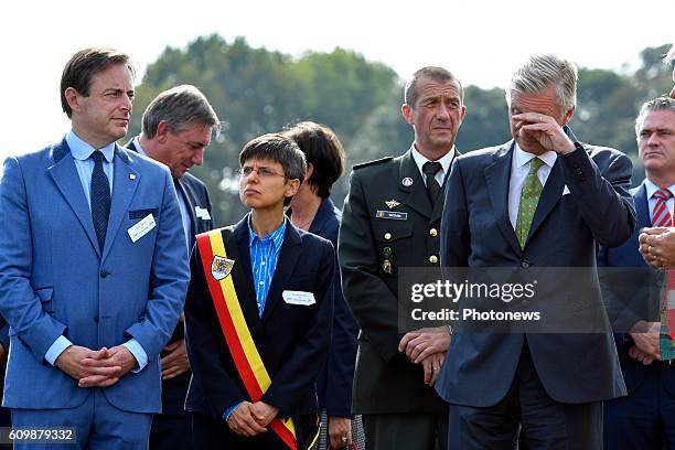 King Philippe attends the exercise Purple Starling at the airport of Deurne. Bart De Wever, mayor of Antwerp - Gouverneur Cathy Berx - Provincie...