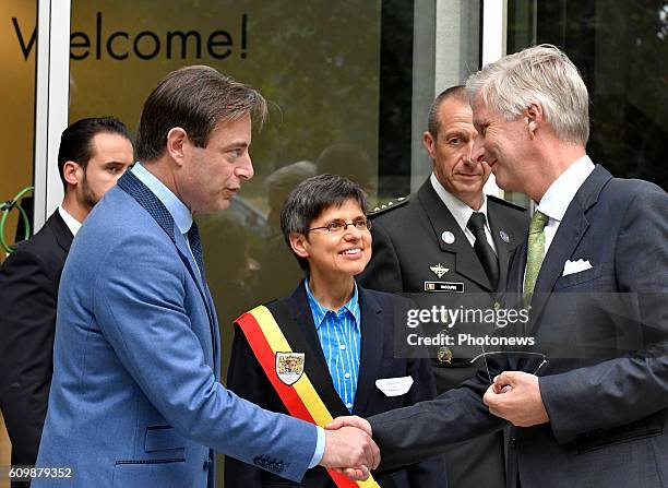 King Philippe attends the exercise Purple Starling at the airport of Deurne. Bart De Wever, mayor of Antwerp - Gouverneur Cathy Berx - Provincie...