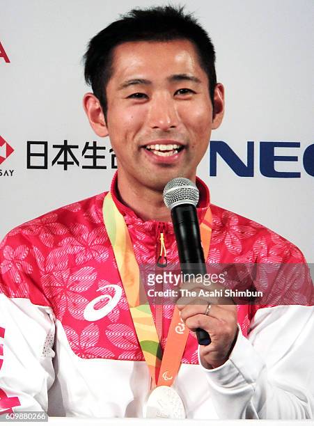 Cycling Road Men's Time Trial C3 Silver medalist Masaki Fujita speaks during the Japanese Medalists Press Conference on day 11 of the Rio 2016...