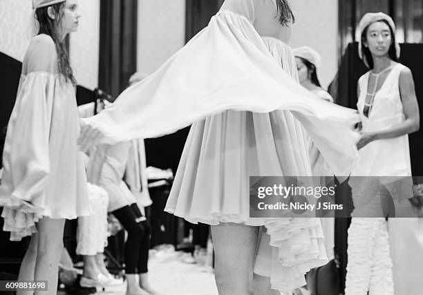 An alternative view of models backstage at the Irynvigre show during London Fashion Week Spring/Summer collections 2017 on September 16, 2016 in...