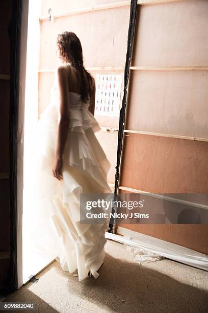 An alternative view of models walking on to the runway of the Irynvigre show during London Fashion Week Spring/Summer collections 2017 on September...