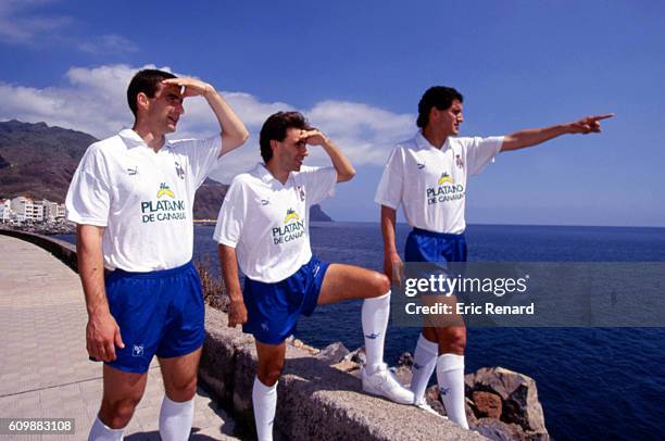 Juan Antonio Pizzi, Diego Latorre and Tono Hernandez of Tenerife during photo shooting in Tenerife on March 14th 1993.