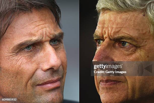 In this composite image a comparision has been made between Antonio Conte manager of Chelsea and Arsene Wenger, Manager of Arsenal. Arsenal and...