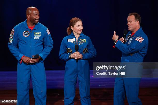 Astronaut Ron Garan, businesswoman and self-funded space traveler Anousheh Ansari, and NASA astronaut Leland Melvin speak onstage during 2016 Global...