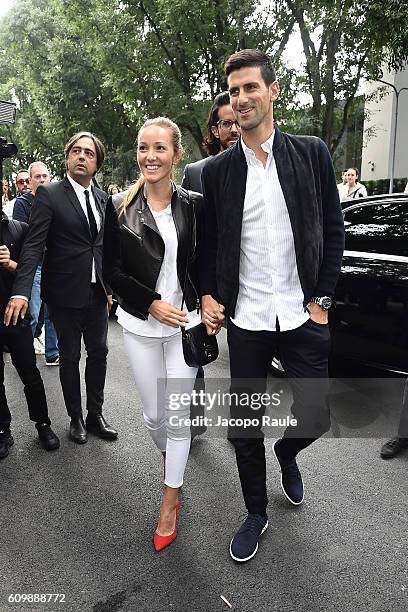 Novak Djokovic and Jelena Djokovic arrive at the Giorgio Armani show during Milan Fashion Week Spring/Summer 2017 on September 23, 2016 in Milan,...