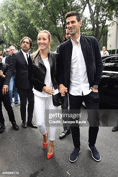 Novak Djokovic and Jelena Djokovic arrive at the Giorgio Armani show during Milan Fashion Week Spring/Summer 2017 on September 23, 2016 in Milan,...