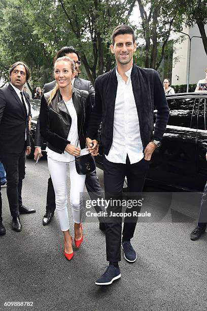 Novak Djokovic and Jelena Djokovic arrive at the Giorgio Armani show during Milan Fashion Week Spring/Summer 2017 on September 23, 2016 in Milan,...