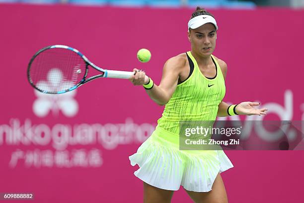 Ana Konjuh of Croatia returns a shot against Jelena Jankovic of Serbia on Day 5 of WTA Guangzhou Open on September 23, 2016 in Guangzhou, China.