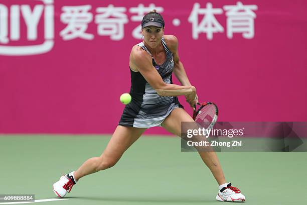 Jelena Jankovic of Serbia returns a shot against Ana Konjuh of Croatia on Day 5 of WTA Guangzhou Open on September 23, 2016 in Guangzhou, China.