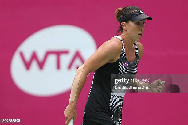 Jelena Jankovic of Serbia celebrates a point against Ana Konjuh of Croatia on Day 5 of WTA Guangzhou Open on September 23, 2016 in Guangzhou, China.