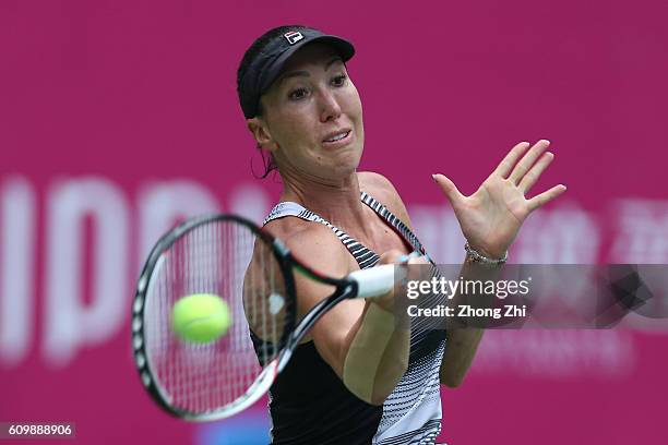 Jelena Jankovic of Serbia returns a shot against Ana Konjuh of Croatia on Day 5 of WTA Guangzhou Open on September 23, 2016 in Guangzhou, China.