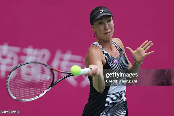 Jelena Jankovic of Serbia returns a shot against Ana Konjuh of Croatia on Day 5 of WTA Guangzhou Open on September 23, 2016 in Guangzhou, China.