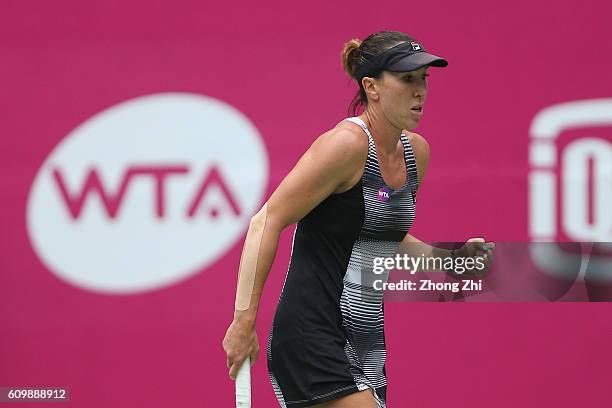 Jelena Jankovic of Serbia celebrates a point against Ana Konjuh of Croatia on Day 5 of WTA Guangzhou Open on September 23, 2016 in Guangzhou, China.