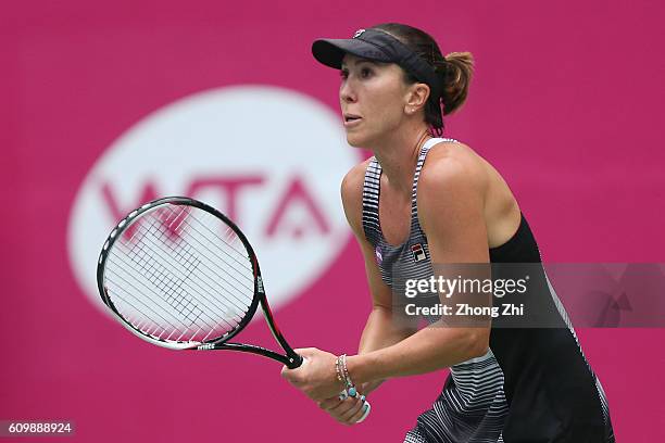 Jelena Jankovic of Serbia returns a shot against Ana Konjuh of Croatia on Day 5 of WTA Guangzhou Open on September 23, 2016 in Guangzhou, China.