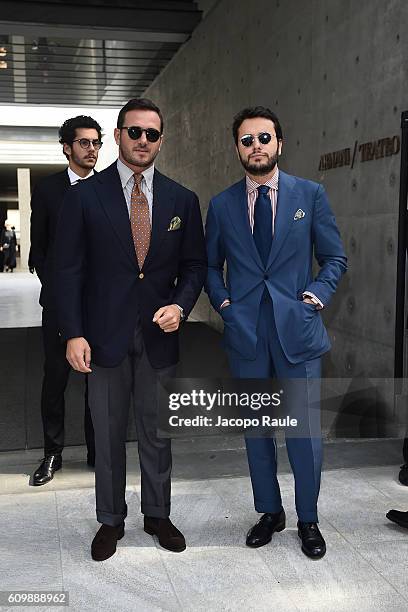 Giovanni D'Antonio and Fabio Attanasio are seen leaving the Giorgio Armani show during Milan Fashion Week Spring/Summer 2017 on September 23, 2016 in...