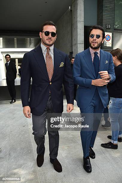 Giovanni D'Antonio and Fabio Attanasio are seen leaving the Giorgio Armani show during Milan Fashion Week Spring/Summer 2017 on September 23, 2016 in...