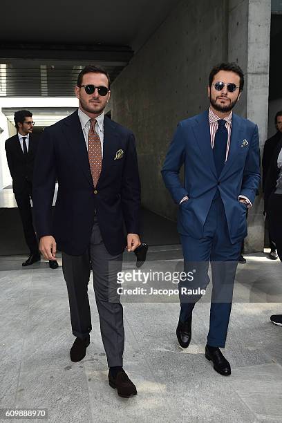 Giovanni D'Antonio and Fabio Attanasio are seen leaving the Giorgio Armani show during Milan Fashion Week Spring/Summer 2017 on September 23, 2016 in...