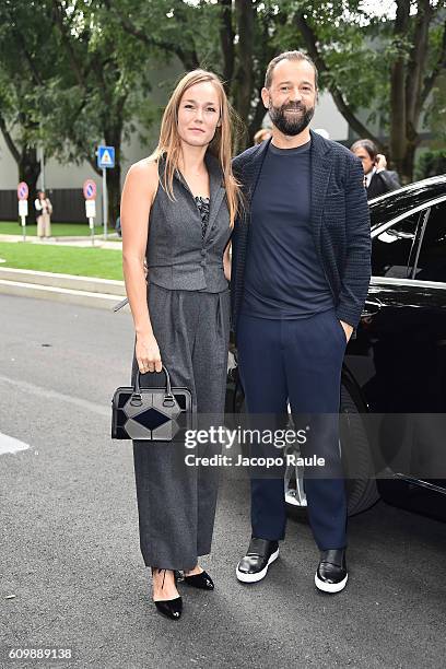 Johanna Hauksdottir and Fabio Volo arrive at the Giorgio Armani show during Milan Fashion Week Spring/Summer 2017 on September 23, 2016 in Milan,...