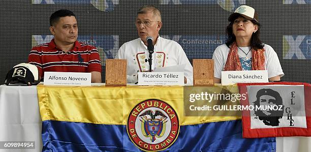 Commander Ricardo Tellez aka "Rodrigo Granda", member of the direction of the Revolutionary Armed Forces of Colombia , speaks alongside two former...