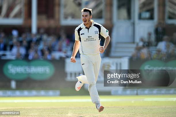 Toby Roland-Jones of Middlesex celebrates taking the wicket of Adam Lyth of Yorkshire during day four of the Specsavers County Championship match...