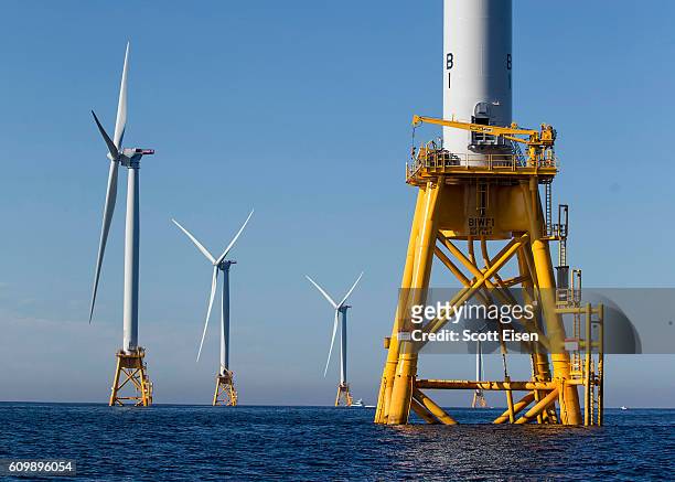 The GE-Alstom Block Island Wind Farm stands 3 miles off of Block Island, Rhode Island on September 22, 2016. The five 6-megawatt wind turbines are...