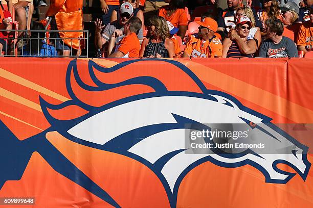 General view of the Denver Broncos logo on the sidelines during a game against the Indianapolis Colts at Sports Authority Field at Mile High on...