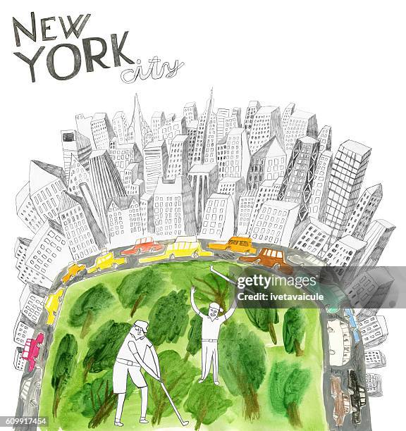 golfspieler im central park in new york - new york gemälde stock-grafiken, -clipart, -cartoons und -symbole