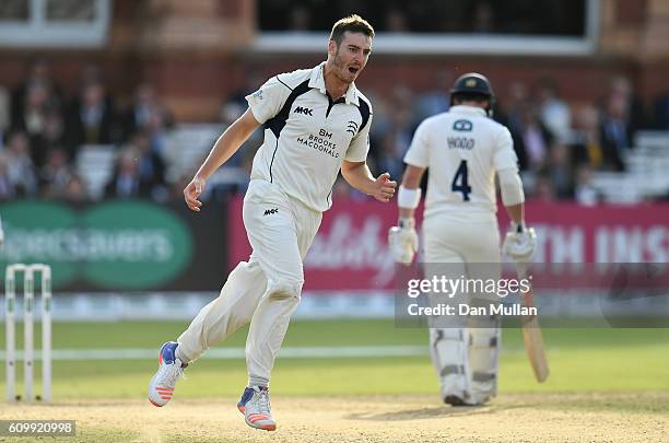 Toby Roland-Jones of Middlesex celebrates taking the wicket of Andrew Gale of Yorkshire during day four of the Specsavers County Championship match...