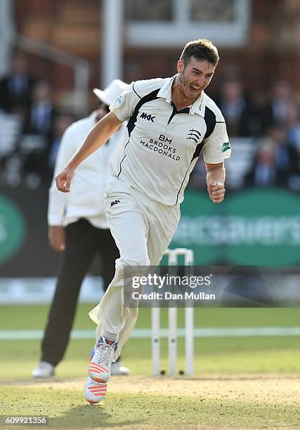 Toby Roland-Jones of Middlesex celebrates taking the wicket of Andrew Gale of Yorkshire during day four of the Specsavers County Championship match...