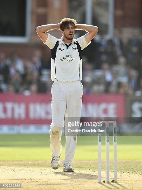 Steven Finn of Middlesex reacts whilst bowling during day four of the Specsavers County Championship match between Middlesex and Yorkshire at Lords...
