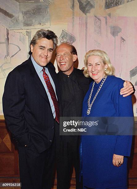 Episode 1137 -- Pictured: Host Jay Leno, pianist David Helfgott and his wife Gillian pose during a photo-op on April 29, 1997 --