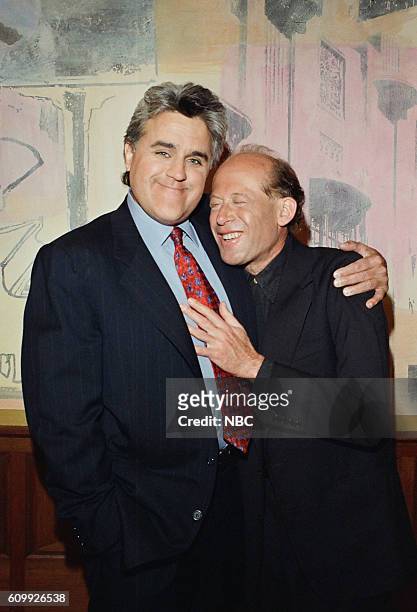 Episode 1137 -- Pictured: Host Jay Leno, pianist David Helfgott pose during a photo-op on April 29, 1997 --