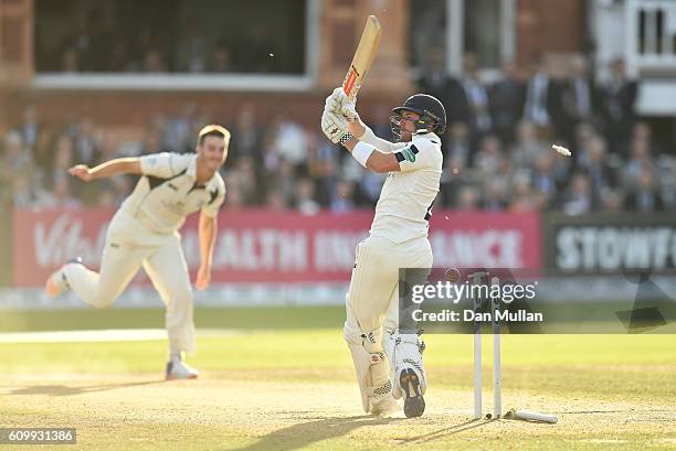 Andrew Hodd of Yorkshire is bowled by Toby Roland-Jones of Middlesex during day four of the Specsavers County Championship match between Middlesex...