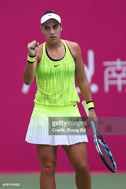 Ana Konjuh of Croatia celebrates a point against Jelena Jankovic of Serbia on Day 5 of WTA Guangzhou Open on September 23, 2016 in Guangzhou, China.