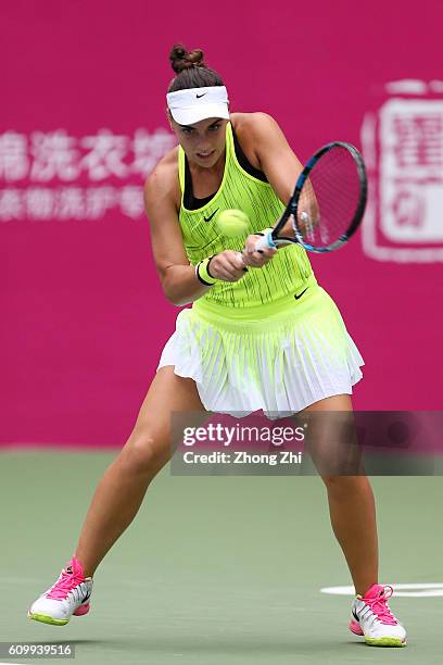 Ana Konjuh of Croatia returns a shot against Jelena Jankovic of Serbia on Day 5 of WTA Guangzhou Open on September 23, 2016 in Guangzhou, China.