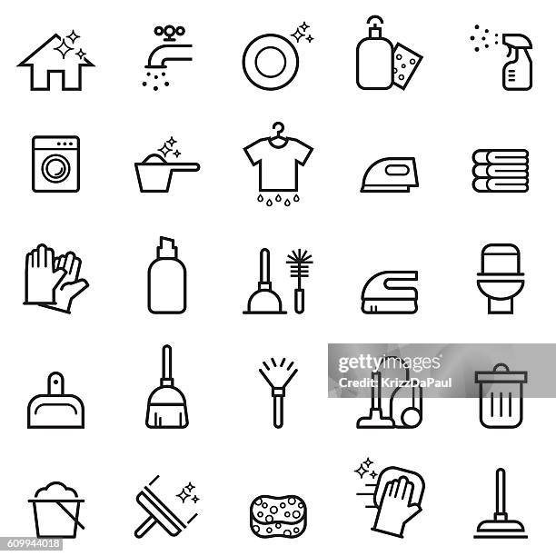 ilustrações de stock, clip art, desenhos animados e ícones de cleaning thin line icons - detergente da louça