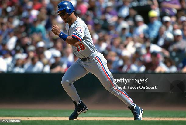 Moises Alou of the Montreal Expos runs the bases against the San Francisco Giants during an Major League Baseball game circa 1996 at Candlestick Park...