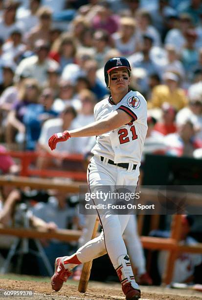 Wally Joyner of the California Angels bats during an Major League Baseball game circa 1990 at Anaheim Stadium in Anaheim, California. Joyner played...