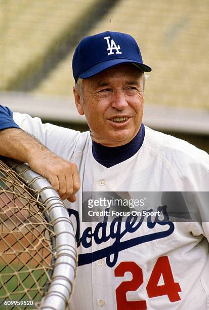 Manager Walter Alston of the Los Angeles Dodgers looks on during batting practice prior to the start of an Major League Baseball game circa 1970 at...