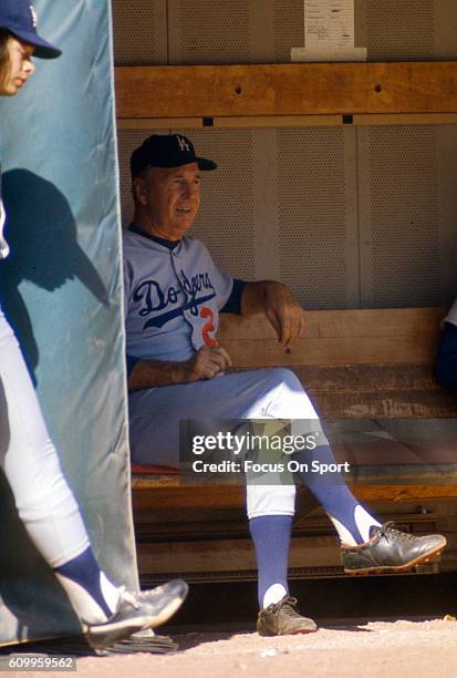 Manager Walter Alston of the Los Angeles Dodgers looks on from the dugout during an Major League Baseball game circa 1968. Alston managed the Dodgers...